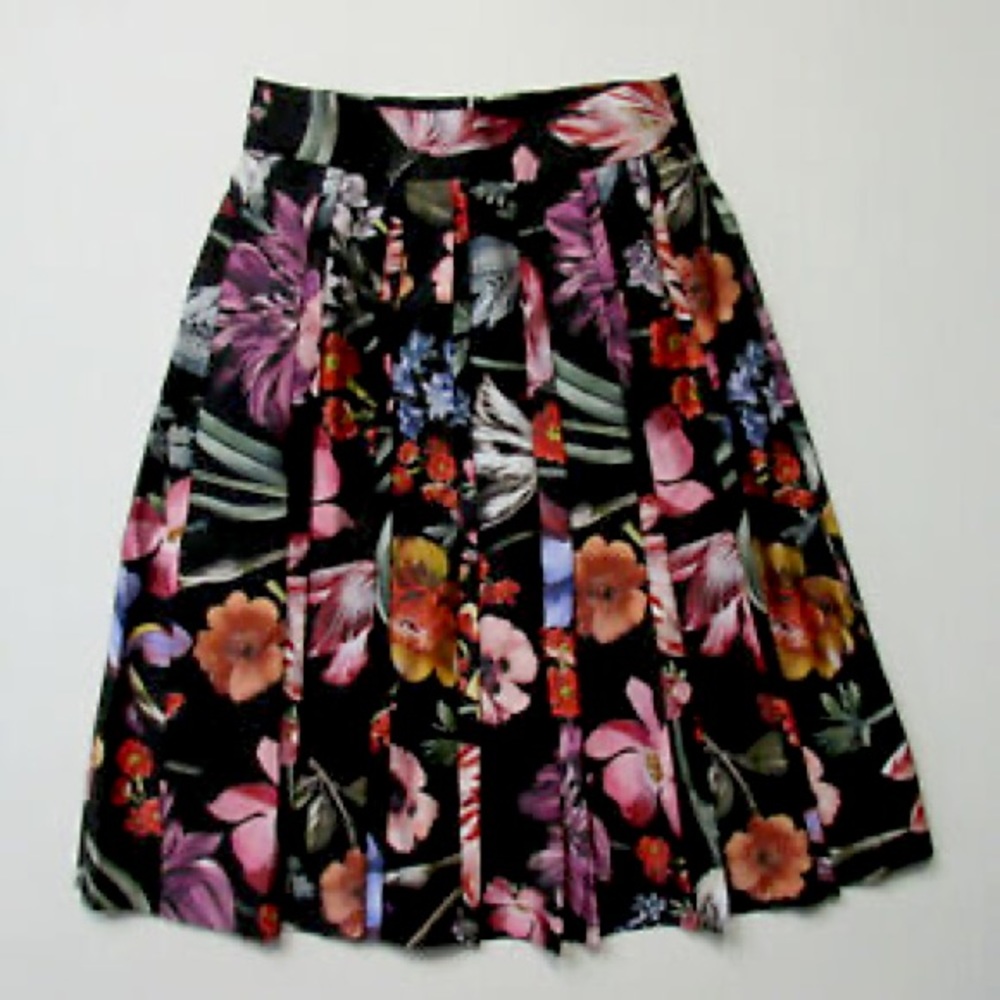 NWT J.Crew Pleated A-Line Midi in Black Floral Skirt